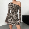 Women's Sexy Leopard Print One Shoulder Mesh Mini Dress Asymmetric Long Sleeve Bodycon Party Clubwear Lettuce Edge See-Through Polyester Spandex Short Dress