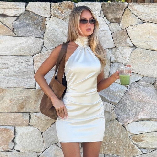 Women's Sexy Halter Satin Bodycon Mini Dress Ruched Backless Sleeveless Party Banquet Evening Slim Fit Clubwear Summer Night Out Dress