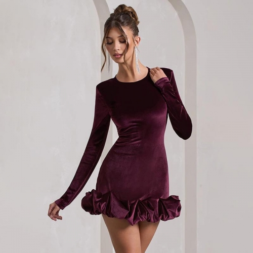 Elegant Velvet Long Sleeve Mini Dress For Women Round Neck Pleated Ruffle Hem Bodycon Slim Fit Party Evening Autumn Winter Velvet Dress