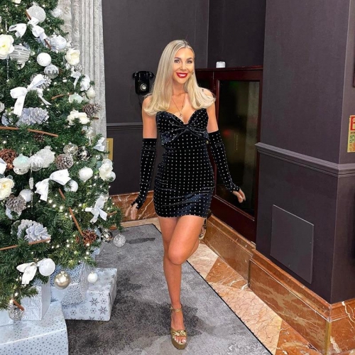 Women Sexy Black Velvet Sequin Bodycon Mini Dress Set With Matching Long Gloves Sparkling Bow Spaghetti Strap Party Evening Clubwear Dress