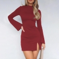 Women Sexy Split Mini Dress Long Bell Sleeve Elegant Bodycon Knit Dress Half Turtleneck Slim Fit Solid Color Polyester Spandex Club Party Outfits