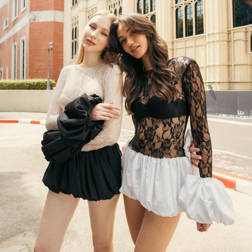 Women's Sexy Long Sleeve Lace Patchwork Mini Dress Elegant High Waist Sheer Floral Puff Hem Party Nightclub Socialite Dresses With Back Zipper