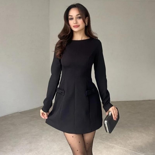 Women's Sexy Slim A-Line Mini Dress Polyester Spandex Bow Decor Autumn Fashion Long Sleeve Elegant Round Neck Dress for Commute Party Socializing