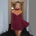 Sexy Off-the-Shoulder Long Sleeve Mini Dress With Choker Elegant Polyester Slim Fit Flare A-Line Party Cocktail Evening Dress For Women