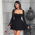 Women's Elegant Long Sleeve Mini Dress Square Neck Slim Fit A-Line Flare Hem Party Cocktail Socialite Style Solid Color Bow Detail Dress