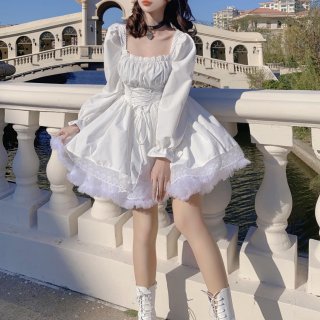 Women Gothic Lolita Dress Square Neck Puff Long Sleeve Lace Trim Tie Waist Mini Bodycon Dress Sweet Party A-Line Princess Dress