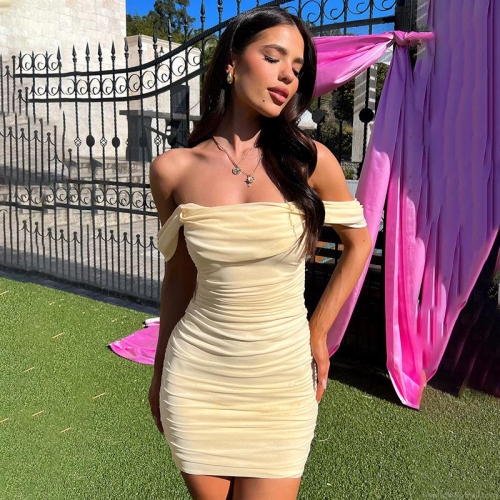 Women Off-Shoulder Ruched Mini Dress Sexy Mesh Patchwork Bodycon Party Clubwear Fall Fashion Sleeveless Solid Color Polyester Spandex Slim Fit Short Dress