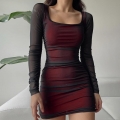 Women Sexy Ruched Mesh Long Sleeve Bodycon Dress Square Neck Ruched Ombre Deep Red Black Slim Fit Mini Dress Party Night Clubwear Dresses