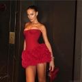 Women's Sexy Strapless Mini Dress Elegant 3D Rose Flower Detail Corset Bodycon Dress Polyester Party Evening Outfits Red Black Clubwear