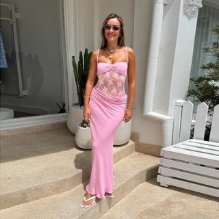 Women Sexy Lace Stitching Sling Maxi Dress High Waist Hollow Out Bodycon Long Dress Pink Light Blue Summer Vacation Party Clubwear Dresses