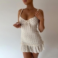 Women Summer Sexy V-Neck Crochet Knit Cami Mini Dress Ruffle Hem Hollow Out Sleeveless Tie Front Bodycon Sundress For Vacation Beach Party Women