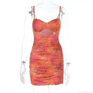 Women Sexy Butterfly Print Ruched Mini Dress Backless Cutout Halter Bodycon Summer Party Vacation Sleeveless V-Neck Polyester Spandex Slim Fit Sundress