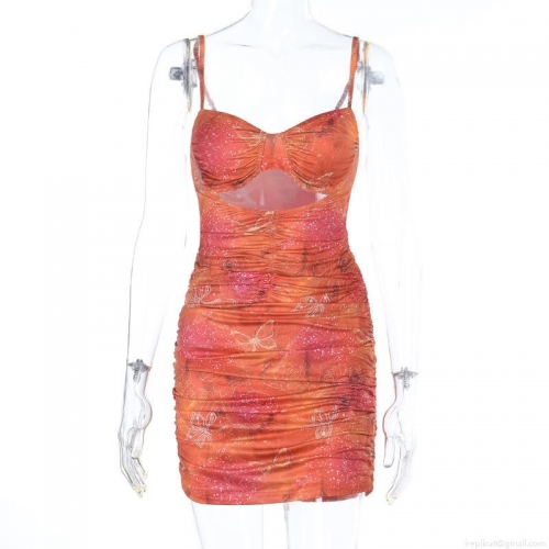 Women Sexy Butterfly Print Ruched Mini Dress Backless Cutout Halter Bodycon Summer Party Vacation Sleeveless V-Neck Polyester Spandex Slim Fit Sundress