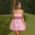 Women Sexy Strapless Satin Mini Dress Backless Big Bow A-line Party Evening Dress Elegant Sleeveless Summer Clubwear Gown