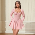 Women's Sexy Pink Corset Long Sleeve Mini Dress Polyester Spandex Knitted Slim Fit Pleated Lace Trim Bodycon Party Dress for Autumn