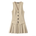 Women's Elegant Khaki Sleeveless Blazer Collar Pleated Dress Fashion V-Neck Vest Style Mini Dress for Party Office Dating Summer