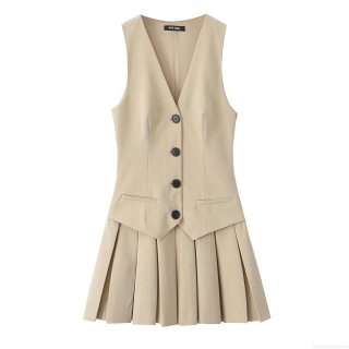 Women's Elegant Khaki Sleeveless Blazer Collar Pleated Dress Fashion V-Neck Vest Style Mini Dress for Party Office Dating Summer