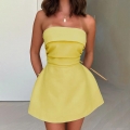 Strapless Mini Dress Organic Cotton Spandex Pleated High Waist Bandeau A-Line Short Dress With Back Big Bow Tie For Party Club Ladies Social Event