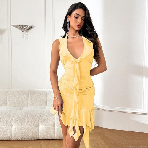 Women Sexy Bodycon Mini Dress Ruched Halter V-Neck Ruffle Hem Sleeveless Knitted Party Dress Polyester Spandex Summer Slim Fit Streetwear Night Clubwear
