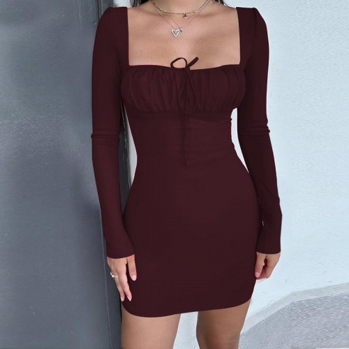 Women Sexy Square Neck Drawstring Ruched Mini Dress Long Sleeve Slim Fit Bodycon Party Clubwear Dresses For Women Dating Evening