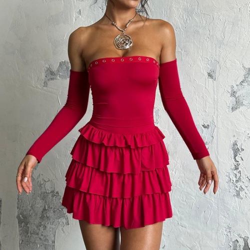 Sexy Women's Off-Shoulder Mini Dress Tiered Ruffle Layered Cake Skirt Separate Long Sleeves Grommet Eyelet Detail Slim Fit Bodycon Party Club Wrap Dress