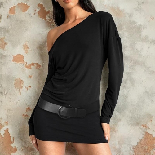 Women Sexy One Shoulder Long Sleeve Mini Dress Polyester Spandex Slim Fit High Waist Bodycon Dress With Belt For Party Club Autumn