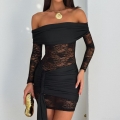 Women's Sexy Off-the-shoulder Mini Dress Lace Patchwork Long Sleeve Ruched Bodycon Party Club Dress With Side Streamer Detail