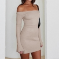 Women's Sexy Off Shoulder Long Sleeve Bodycon Mini Dress Ribbed Knit Polyester Spandex Slim Fit Solid Color Party Pencil Dress