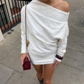Women's Sexy One Shoulder Mini Dress Long Sleeve Boucle Textured Knitted Bodycon Party Dress Elegant Slim Fit Clubwear Short Dress