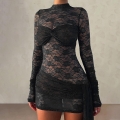 Sexy Black Lace Bodycon Mini Dress For Women Sheer See-Through Long Sleeve Half Turtleneck Twist Front Cut Out Cocktail Party Nightclub Pencil Dress