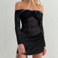 Women Sexy Off-Shoulder Lace Stitching Satin Mini Dress Autumn Elegant Long Sleeve Slim Fit Ruched Bodycon Party Dress Streetwear Chic Ladies Outfits