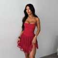 Sexy Women's Ruched Tube Top Backless Mini Dress Lace Patchwork A-Line Party Dress For Women Elegant Bodycon Short Dress