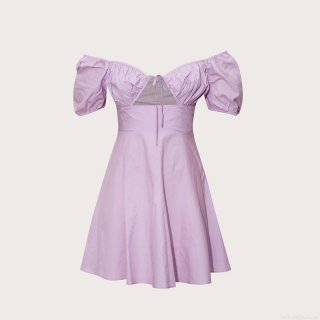 Women Sweet Light Purple Puff Sleeve Mini Dress Sexy V-Neck Cutout Tie Front Slim Fit Cotton Blend Short Sleeve Dress For Summer Daily Party Wear