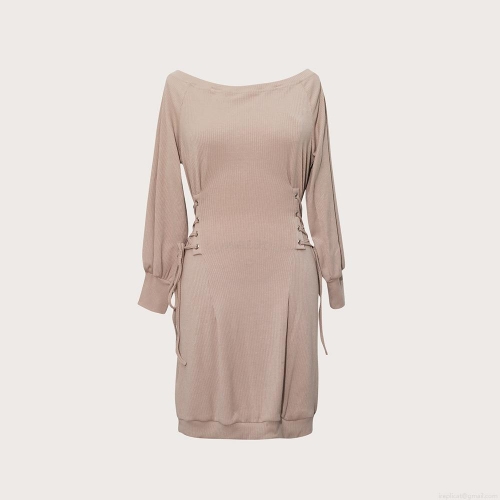 Women's Off Shoulder Ribbed Knit Mini Dress Sexy Long Sleeve Side Lace Up Waist Bodycon Party Club Dress Elegance Bodycon Slim Fit Knitwear Short Dress