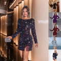Women's Sexy Backless Sequin Mini Dress Long Sleeve Bodycon Party Evening Dress Round Neck Lace Up Polyester Spandex Slim Fit Sequin Gown for Banquet Club Night