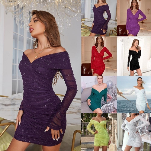 Women's Sexy Deep V-Neck Off-Shoulder Glitter Sequin Bodycon Dress Long Sleeve Ruched Mini Party Evening Dress Polyester Spandex Slim Fit Nightclub Cocktail Gown
