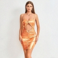 Women's Sexy Metallic Orange Gold Hollow Out Mini Cami Dress Front Zipper Backless Bodycon Nightclub Party Cocktail Dress Chic Spice Girl Style Summer Clubwear Fashion