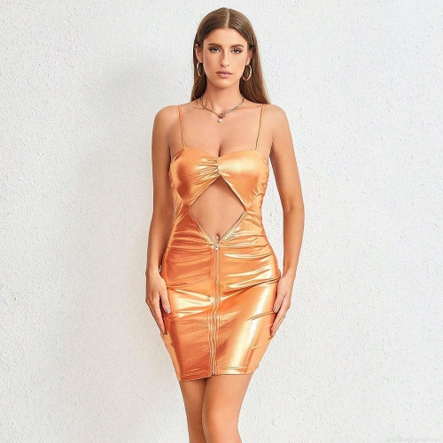 Women's Sexy Metallic Orange Gold Hollow Out Mini Cami Dress Front Zipper Backless Bodycon Nightclub Party Cocktail Dress Chic Spice Girl Style Summer Clubwear Fashion