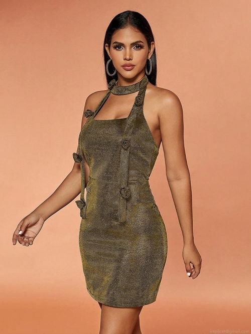 Women Sexy Halter Backless Bodycon Mini Dress Metallic Luster 3D Rose Flower Applique Sleeveless Slim Fit Party Club Evening Dress