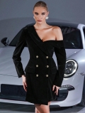 Elegant Black Gold Velvet Blazer Dress Women Off The Shoulder Asymmetric Double Breasted Slim Fit Long Sleeve Mini Dress Party Outfit Celebrity Style Fashion
