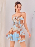 Women Sexy Blue Orange Tie-Dye Mesh Mini Dress With Ruffles V-Neck Spaghetti Straps Backless Cross-Tie Summer Beach Vacation Bodycon Dresses