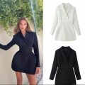 Elegant Women's Blazer Mini Dress Slim Fit Long Sleeve V Neck Corset Waist Cinching Short Dress For Office Party Clubwear White Black