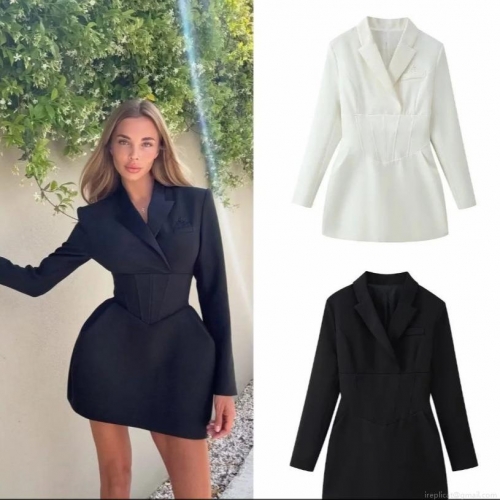 Elegant Women's Blazer Mini Dress Slim Fit Long Sleeve V Neck Corset Waist Cinching Short Dress For Office Party Clubwear White Black