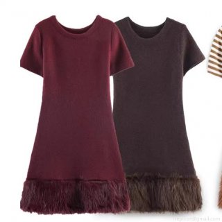 Women Elegant Short Sleeve Mini Dress With Faux Fur Patchwork Hem Luxury Socialite Wine Red Coffee Knit Dress For Party Night Out