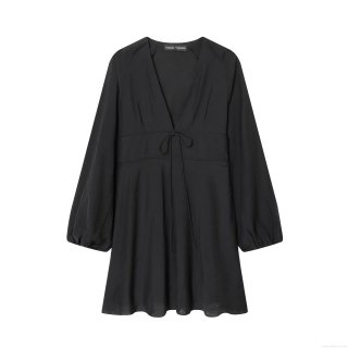 Women's Elegant Deep V Neck Long Sleeve Mini Dress Solid Color Lantern Sleeve Drawstring High Waist A-Line Party Dress Sexy Polyester Blend Cocktail Dress