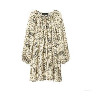 Women's Bohemian Floral Print Mini Dress Elegant Long Sleeve Round Neck Waist Tie Oversized Vintage Short Dress for Party Vacation Casual Lady Clothing