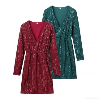Women Sexy Deep V-Neck Sequin Long Sleeve Dress Slim Fit Party Evening Night Out Wrap Mini Dress Sparkly Bodycon Sequin Dress For Women