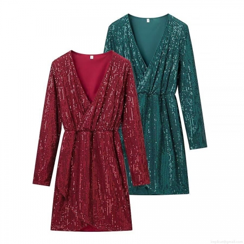 Women Sexy Deep V-Neck Sequin Long Sleeve Dress Slim Fit Party Evening Night Out Wrap Mini Dress Sparkly Bodycon Sequin Dress For Women
