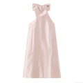 Elegant Satin Halter Neck Mini Dress With Backless Large Bow Design Sexy Sleeveless Bodycon Party Cocktail Dress For Women Wedding Guest Evening Clubwear Pink