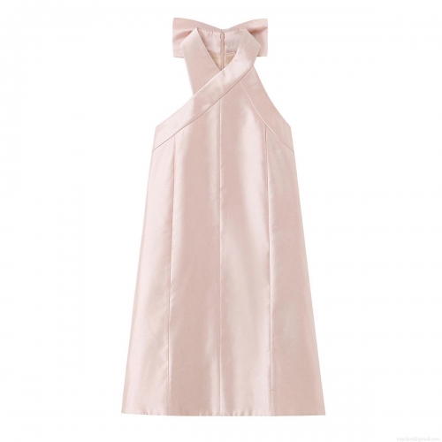 Elegant Satin Halter Neck Mini Dress With Backless Large Bow Design Sexy Sleeveless Bodycon Party Cocktail Dress For Women Wedding Guest Evening Clubwear Pink